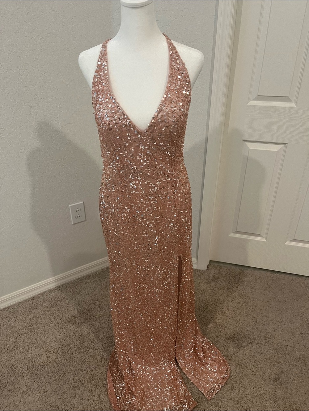Scala Rose Gold Sequin Deep V Halter Gown